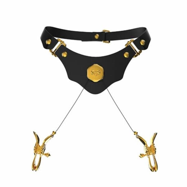 UPKO - Mystic Bond Collier avec pinces à tétons Collier à Pinces Tétons en cuir de vache italien Noir Finitions Dorées