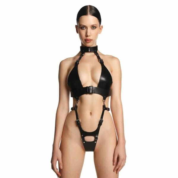 Modularer Bondage-Harness aus Leder Schwarz mit Metallring