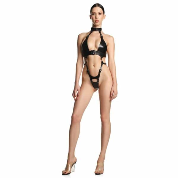 Modularer Bondage-Harness aus Leder Schwarz mit Metallring