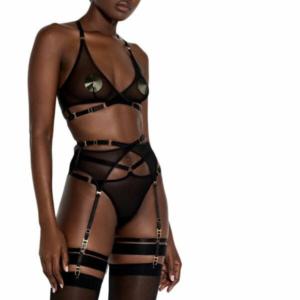 BORDELLE Signature - Mesh Wrap Bra Black - Wrap Suspender Belt Black Черный бюстгальтер в сеточку с золотыми пряжками и бретелями и черный пояс-подтяжка в сеточку