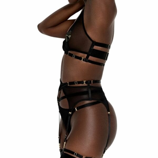 BORDELLE Signature - Mesh Wrap Bra Black - Wrap Suspender Belt Black Черный бюстгальтер в сеточку с золотыми пряжками и бретелями и черный пояс-подтяжка в сеточку