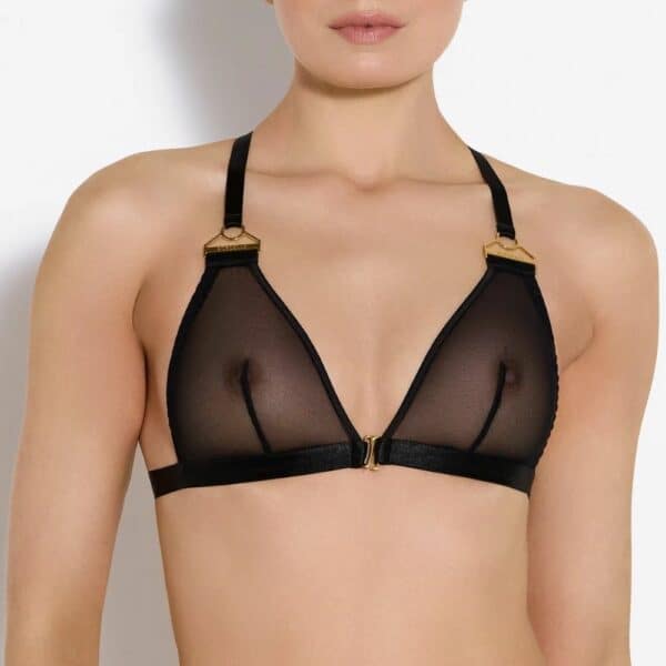 BORDELLE Signature - Soutien-Gorge Triangle Résille Noir Soutien-Gorge en Résille Noir avec Détails Dorés