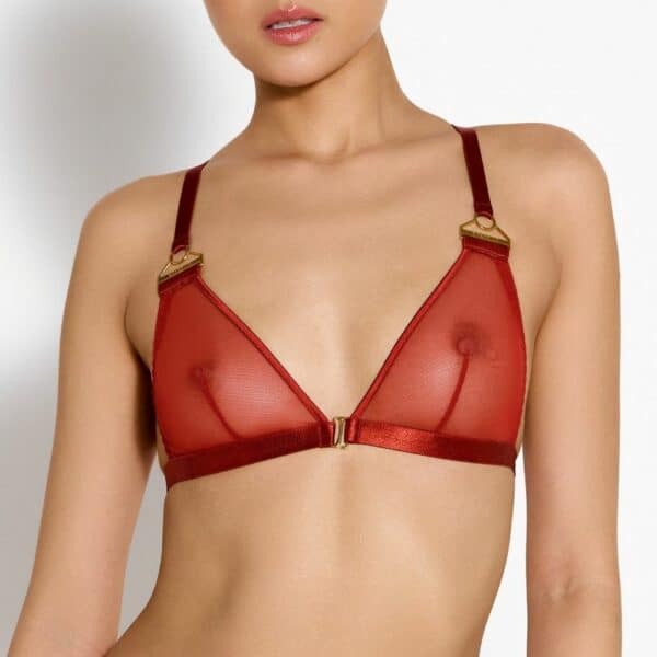 BORDELLE Signature - Soutien-Gorge Triangle Résille Rouge Soutien-Gorge en Résille Rouge avec Détails Dorés