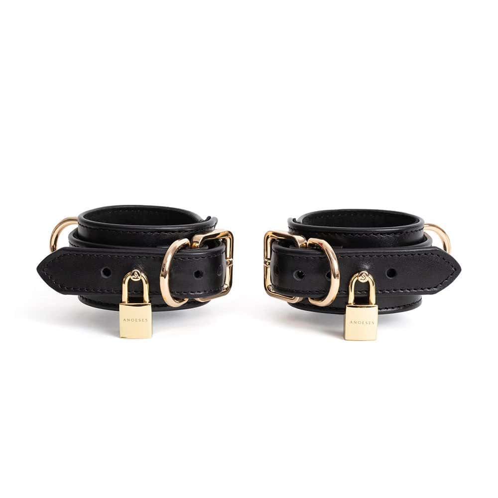 Packshot Handschellen aus Leder mit Ring Und Schnalle D Gold