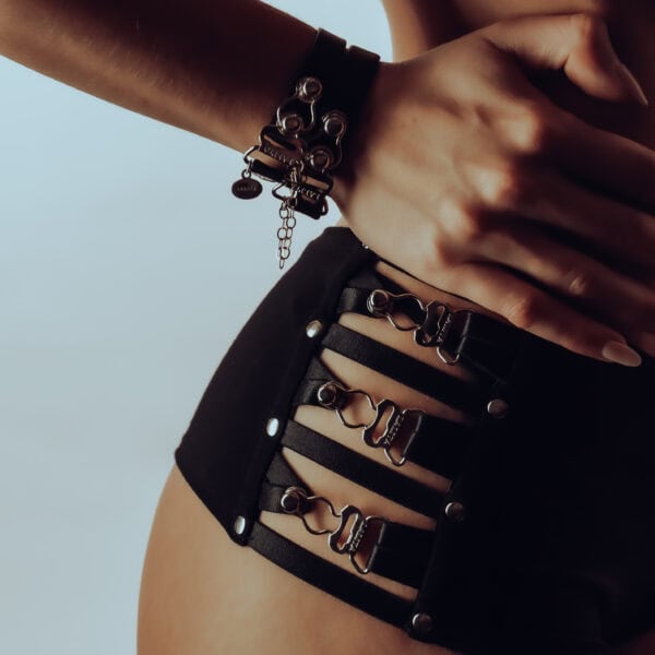 LALITA HerCuff Bracelet - Boyshorts Corset Bamboo boyshorts corset with satin lace and garter fastenings, Italian leather and sterling silver HerCuff bracelet with garter details. Comfort, sensuality and refined elegance.