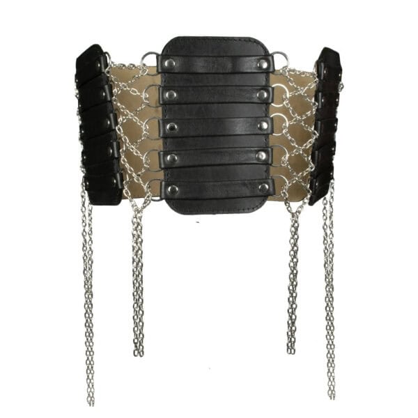 LALITA - Cinturón Corsé Sarasvati Corsé de piel con cadenas de acero inoxidable entrelazadas a los lados, que ofrece un estilo refinado y estructurado. Un elegante accesorio de moda que realza la cintura con modernidad y audacia.