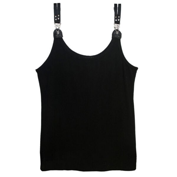 LALITA - Camiseta de tirantes larga Camiseta negra de tirantes con cierres metálicos tipo liguero. Una prenda elegante y atrevida que combina modernidad y sensualidad.