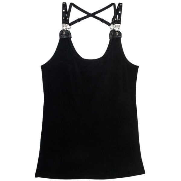 LALITA - Camiseta de tirantes larga Camiseta de tirantes negra con tirantes delanteros metálicos tipo liguero y tirantes de arnés intercambiables en la espalda. Una pieza atrevida y modulable que combina sensualidad y modernidad.