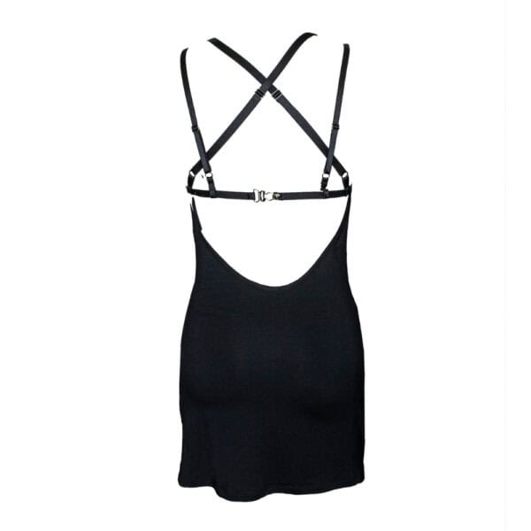 LALITA - Vestido superior con arnés desmontable Vista trasera del vestido Lalita sobre fondo blanco, con arnés desmontable y tirantes ajustables en la parte superior, y un tejido de punto fluido que cae para conseguir una silueta esbelta y moderna.