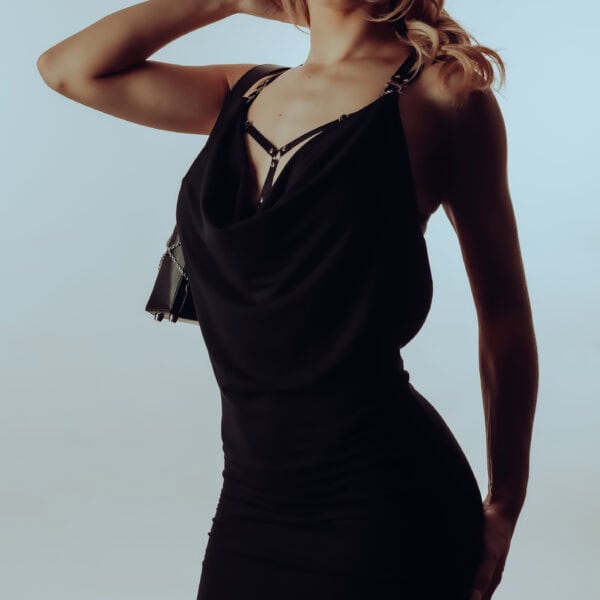 LALITA - Top Vestido con Arnés Desmontable - Bolso Corsé Kali Vestido de bambú convertible con sujetador de arnés extraíble, combinado con un bolso de piel encorsetado con detalles en plata de ley e interior de ante morado. Atrevida, elegante y modular.
