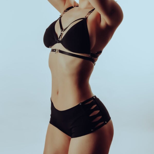 LALITA - Harness Bra - Corset Boyshorts Bamboo boyshorts corset with satin lace and garter fastening, bamboo strappy harness bra with garter fastening. Comfort, perfect fit and refined sensuality.