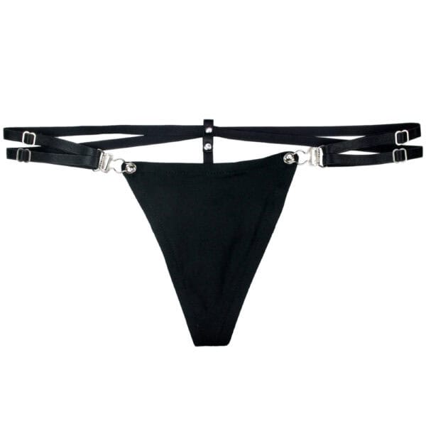 LALITA - Garter G-String String harnais noir minimaliste avec ceintures fines et fermetures de porte-jarretelles.