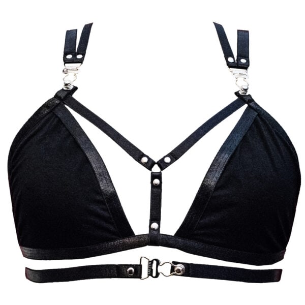 LALITA - Harness bra Front view of a black harness bra with openwork cups, crossed straps and metal fastenings, offering an attractive, modern design.
