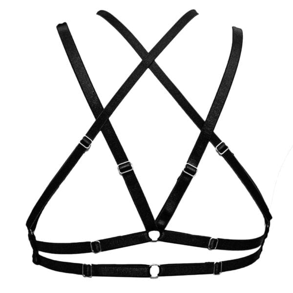 LALITA - Harness bra Rear view of a black harness bra with crossed straps and adjustable straps.