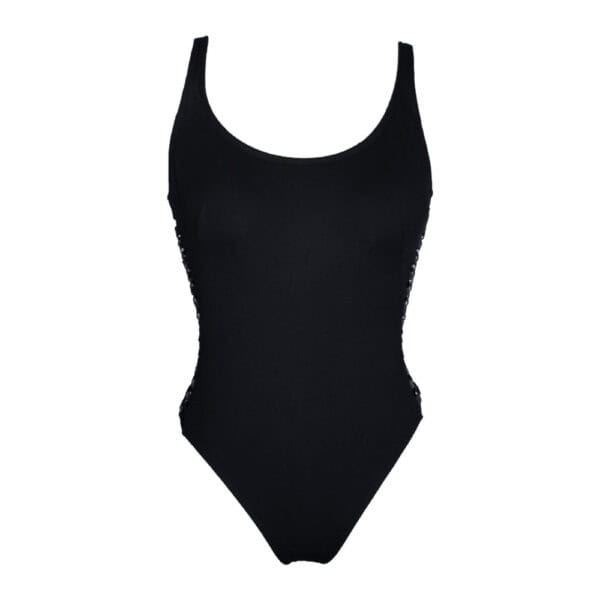 LALITA - Body Accented Eleganter schwarzer Body von vorne gesehen mit Schnürdetails an den Seiten verkauft von Brigade Mondaine.