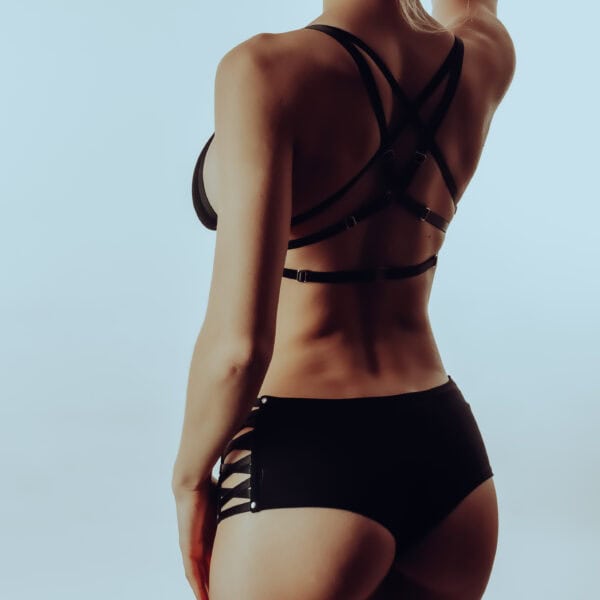 LALITA - Harness Bra - Corset Boyshorts Bamboo boyshorts corset with satin lace and garter fastening, bamboo strappy harness bra with garter fastening. Comfort, perfect fit and refined sensuality.