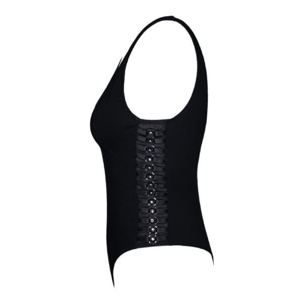 LALITA - Body Accented Eleganter schwarzer Body von der Seite betrachtet mit Schnürdetails an den Seiten verkauft von Brigade Mondaine.