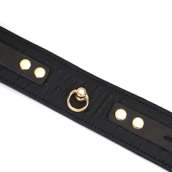 Packshot Schwarze Lederhandschellen mit goldener Detailkette auf rundem Goldclip