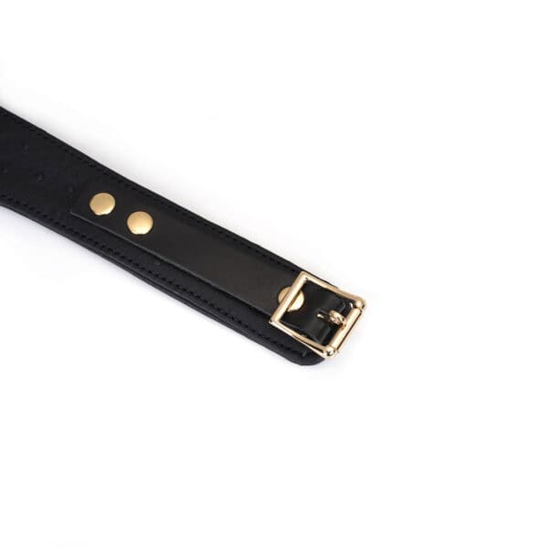 Produktfoto: BDSM-Halsband aus schwarzem und goldenem Leder sowie Leine aus vergoldetem Messing mit Details am Befestigungsriemen und einer goldenen Schnalle