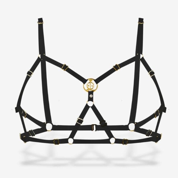 Freya adjustable black open lingerie set with gold details, matching bra with open panties sold by Brigade Mondaine.