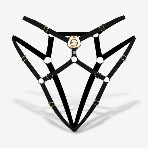 Freya set lingerie open black adjustable with gold details, matching bra with panties sold by Brigade Mondaine