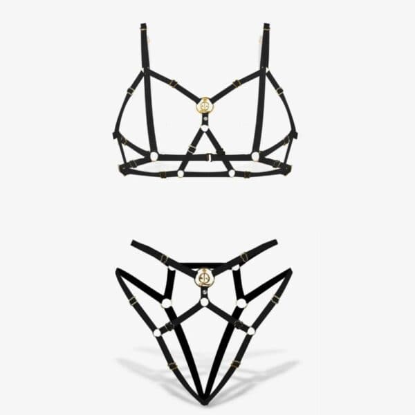 Freya set lingerie open black adjustable with gold details, open bra matching with open panties sold by Brigade Mondaine