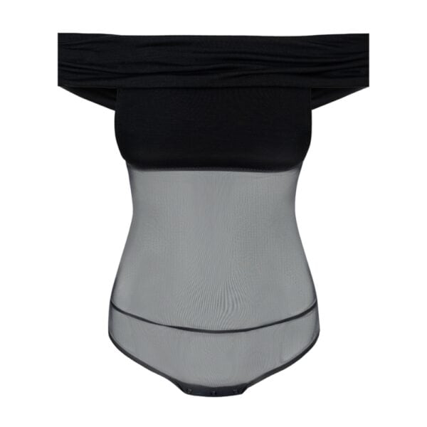 Undress Code – Body Libra | Brigade Mondaine Paris Body noir Undress Code Libra à épaules dégagées, porté par un modèle tenant une coupe de champagne, sélection Brigade Mondaine Paris.