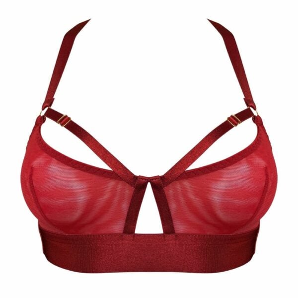 BORDELLE SIGNATURE - Soutien-Gorge Burnt Red Soutien-gorge rouge en tulle et satin avec lanières ajustables, anneaux dorés et ouverture centrale pour un effet structuré et moderne.