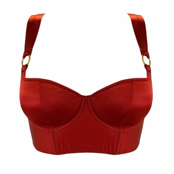 BORDELLE Signature - Bustier Seda Rojo Quemado Corpiño de satén rojo bruñido con detalle dorado y tanga de tirantes múltiples y gargantilla roja con detalle dorado