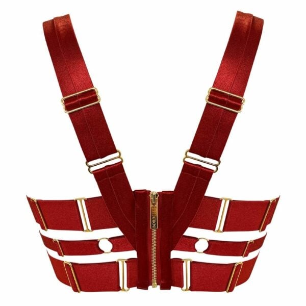 BORDELLE Signature - Bustier Seda Rojo Quemado Corpiño de satén rojo bruñido con detalle dorado y tanga de tirantes múltiples y gargantilla roja con detalle dorado