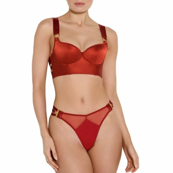 BORDELLE Signature - Bustier de seda rojo quemado - Tanga multitiras Bustier de satén rojo bruñido con detalle bañado en oro y tanga de tiras múltiples