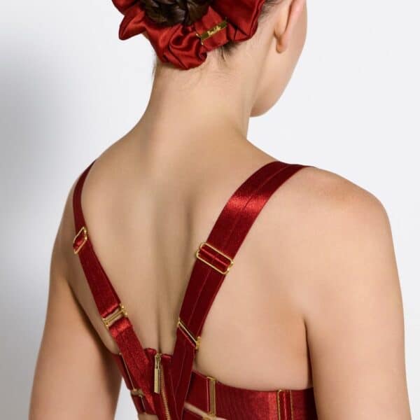 BORDELLE Signature - Bustier Seda Rojo Quemado Corpiño de satén rojo bruñido con detalle dorado