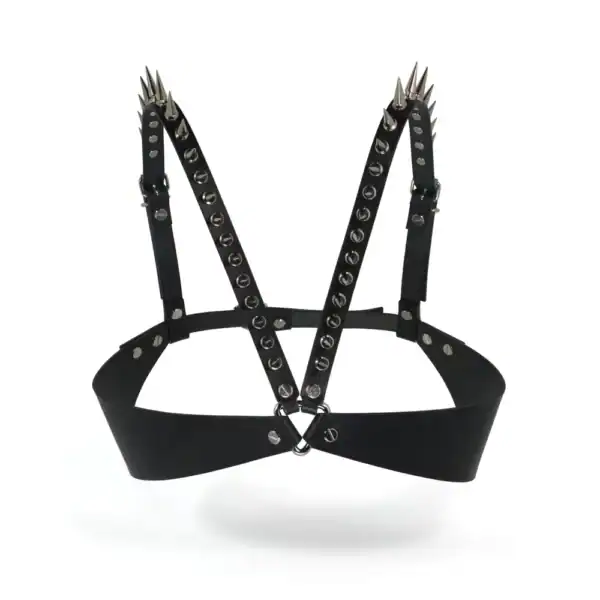 Leather bra with silver spikes in nickel-plated hardware