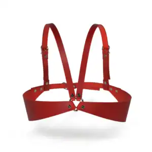 Offener BH aus hochwertigem, pflanzlich gegerbtem, vollnarbigem Leder in Rot mit Details aus vernickelter Hardware handgefertigt in Griechenland