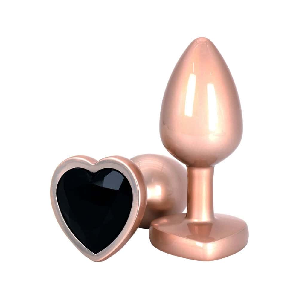Analplug Time to Shine aus goldfarbenem Aluminium mit schwarzem funkelndem Stein in Herzform, elegantes und bequemes Design.