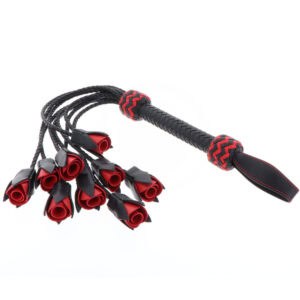 Leather whisk with rose-shaped straps and braided handle with red details