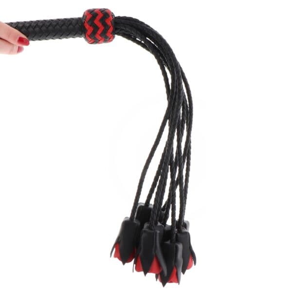 Fouet en cuir véritable Lanières en forme de roses poignée tressée avec détails rouges