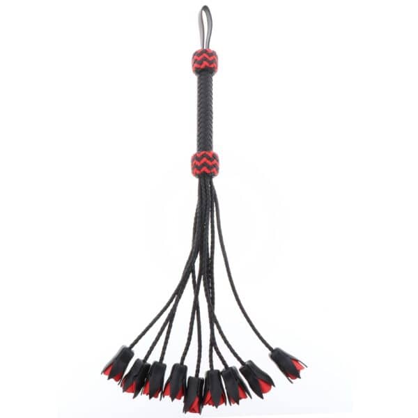Fouet en cuir véritable Lanières en forme de roses poignée tressée avec détails rouges