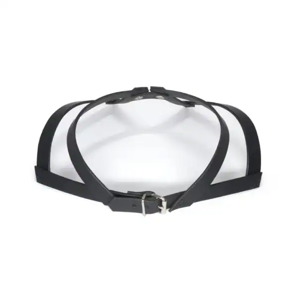 NIAR House - Choker 86647 Draufsicht auf den Choker 86647 aus schwarzem Leder, zeigt sein vom Hemdkragen inspiriertes Design mit Schrauben auf der Vorderseite, die an Knöpfe erinnern, und die verstellbare Schnalle auf der Rückseite.