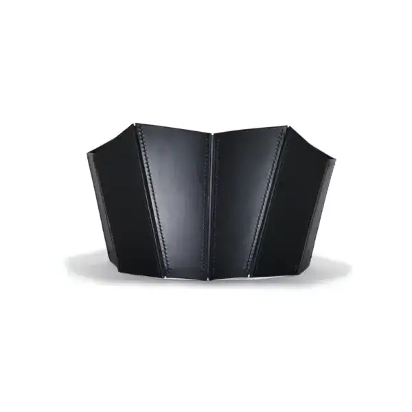 NIAR House - Corset Leather 71458 Black 71458 corset worn against a white background, crafted in stiff full-grain leather with a geometric cut that emphasizes the waist and chest. The discreet lacing system at the back and sleek finish add an elegant touch.