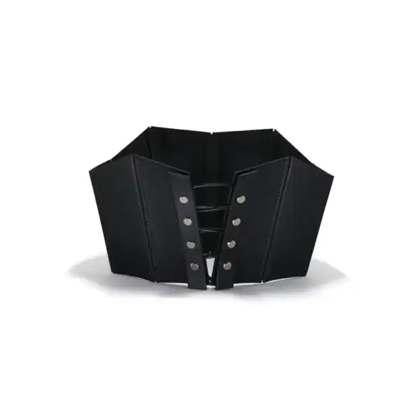 NIAR House - Corset Leather 71458 Black 71458 corset worn against a white background, crafted in stiff full-grain leather with a geometric cut that emphasizes the waist and chest. The discreet lacing system at the back and sleek finish add an elegant touch.