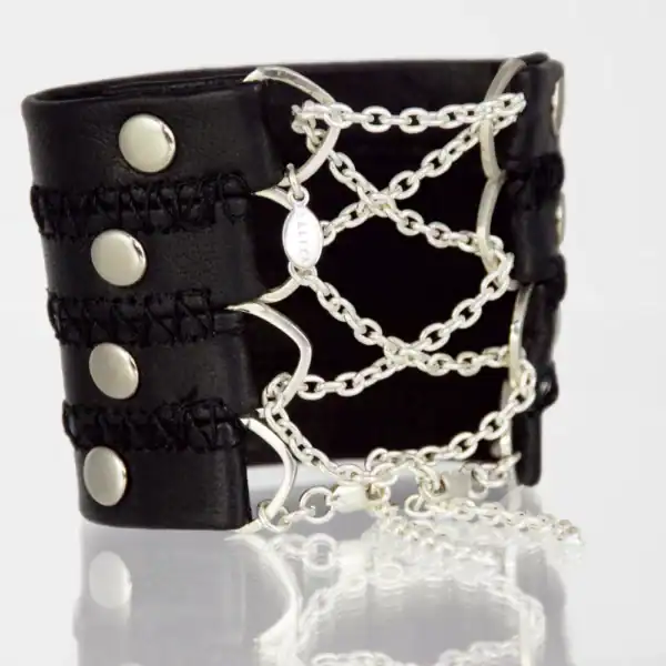 LALITA - Manchette Corset en Cuir Bracelet Manchette en Cuir et Chaîne en Argent sterling style Corset