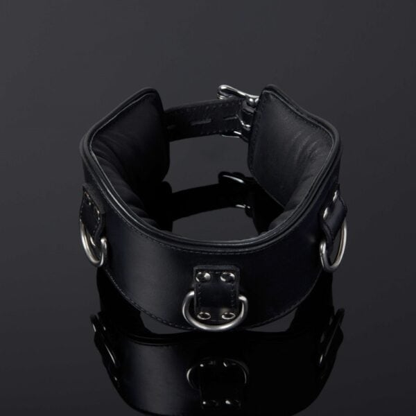 Bondage-Posture-Halsband aus schwarzem Leder Drei D-Ringe