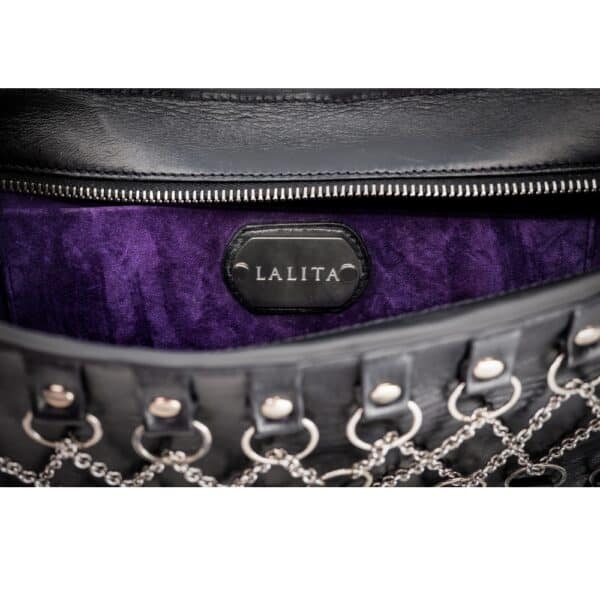 LALITA - Sac à Main Corseté Kali Sac à main Corseté avec Chaînes Argent Massif et Cuir Véritable Détail sur Intérieur Doux Violet