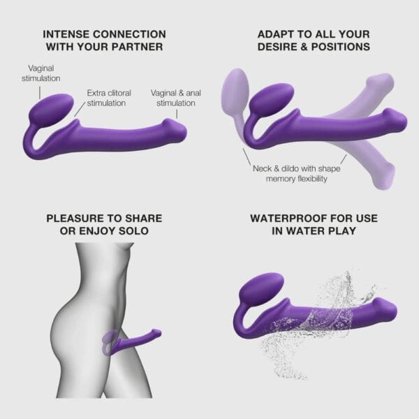 STRAP-ON-ME Strap-on original violet – Sélection Brigade Mondaine Paris Plug strapless violet STRAP-ON-ME au design courbé et ergonomique, posé sur un socle minimaliste, sélection Brigade Mondaine Paris.
