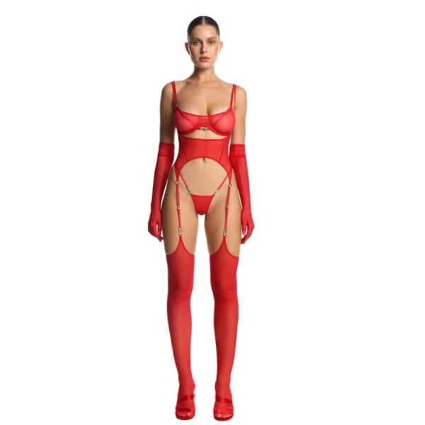 Woman wearing a Red Lingerie set in high-durability technical Mesh with Gold Details