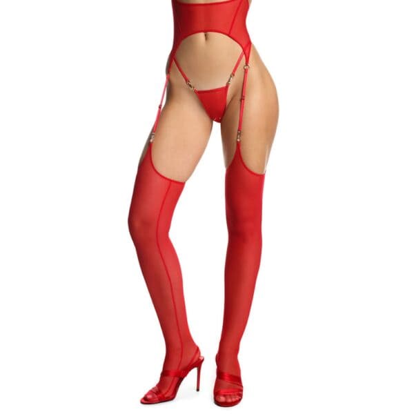 Red suspender belt and stockings in highly durable technical Mesh fishnet and Red fishnet thong with piercing details