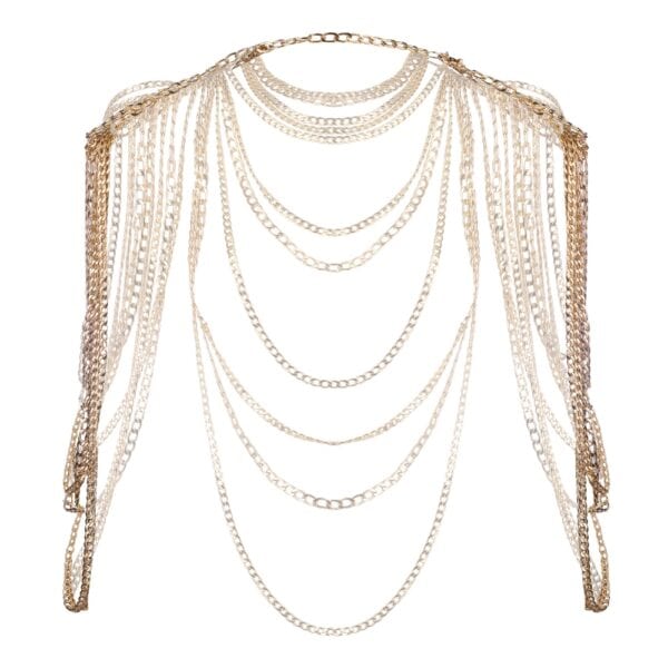 Harnais bijou de corps composé d’une cascade de chaînes dorées superposées qui habillent les épaules et le décolleté. Design ajustable à porter seul ou en superposition