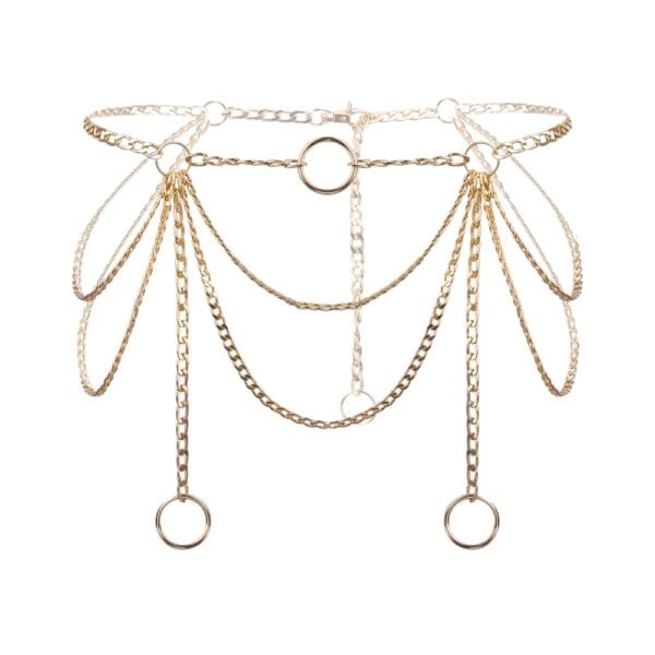 Body jewelry harness with a set of finely arranged gold chains. The set includes 2 adjustable Design jewelry harnesses, to be worn as an overlay or on their own.