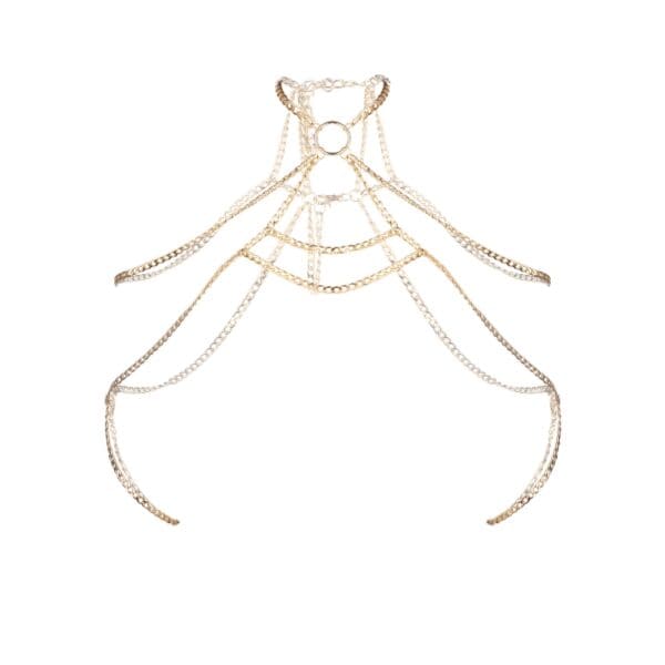 Body jewelry harness with a set of finely arranged gold chains. The set includes 2 adjustable Design jewelry harnesses, to be worn as an overlay or on their own.